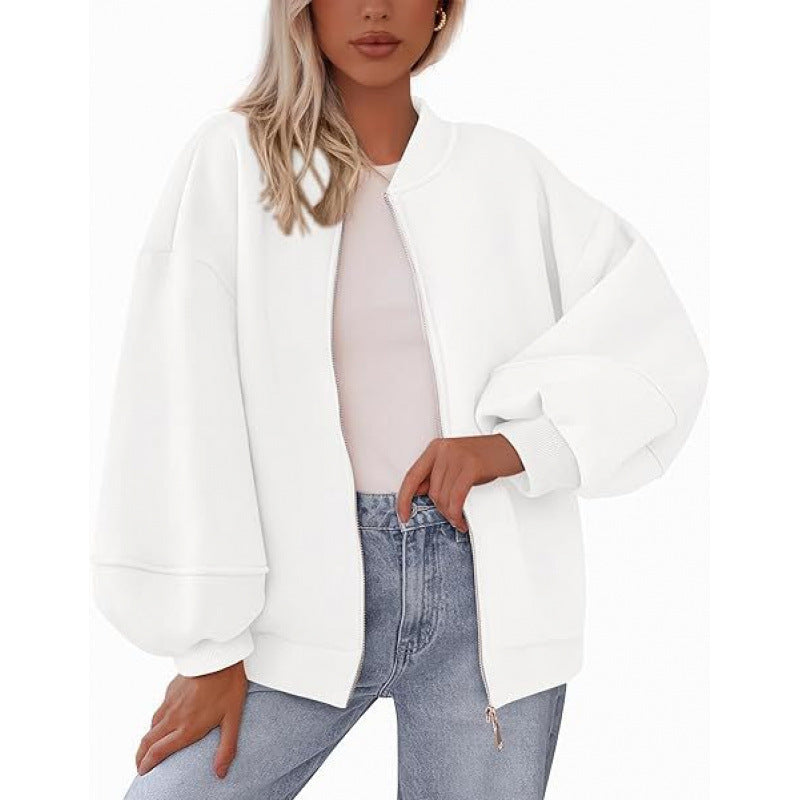 Damen lässige Oversized-Jacke mit Reißverschluss und ballonen Ärmeln Amawinc