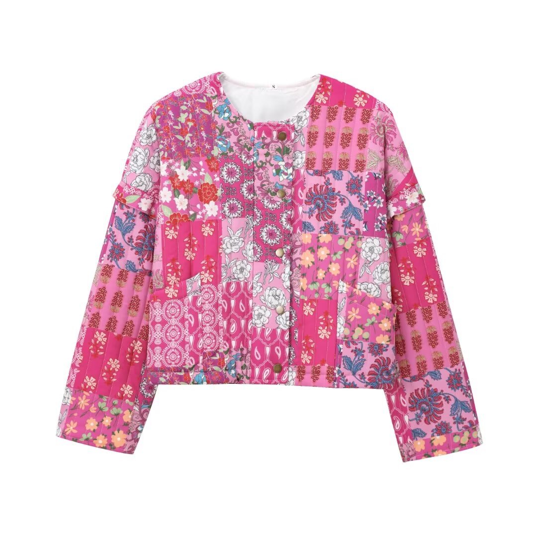 Damen Patchwork-Jacke mit floralen Motiven und praktischen Taschen Amawinc