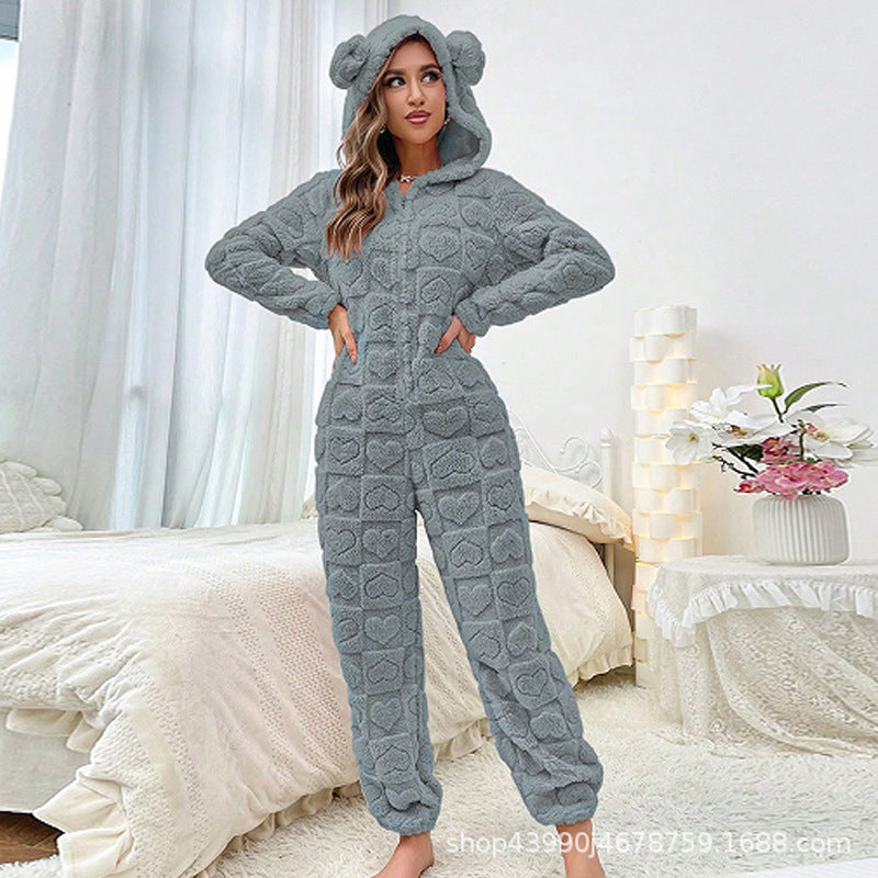 Damen Gemütlicher Fleece-Overall mit Kapuze Amawinc