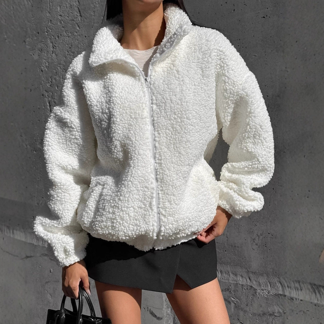 Damen Teddyjacke mit hohem Kragen und voluminösen Ärmeln Amawinc