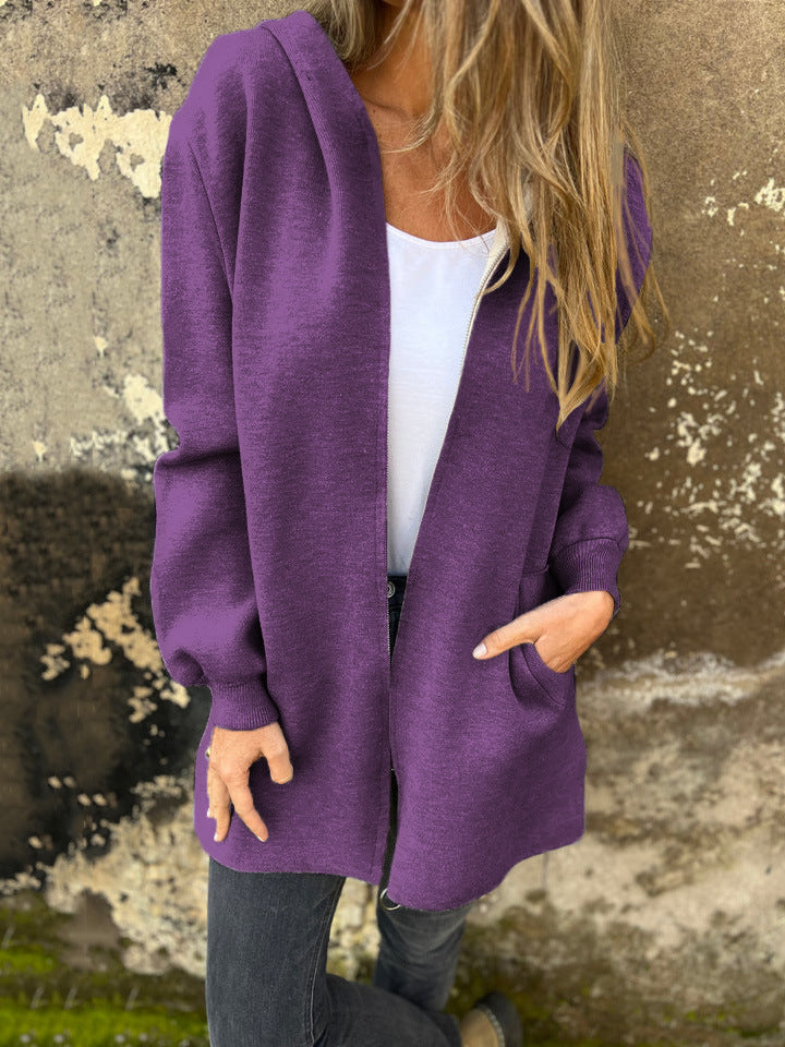 Veste À Capuche Pour Femmes En Mélange Coton Coupe Décontractée Zip Avant Avec Poches