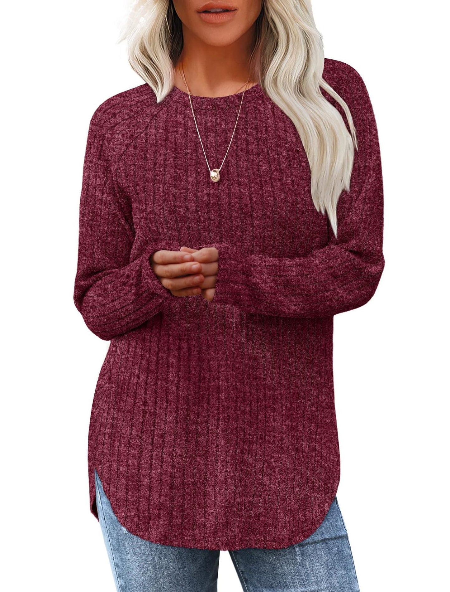 Damen weicher und lässiger Strickpullover mit Rippenmuster Amawinc