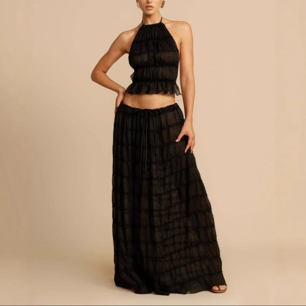 Ensemble Deux Pièces Pour Femme Avec Haut Halter Froncé Et Jupe Maxi À Taille Élastique Pour Été Chic