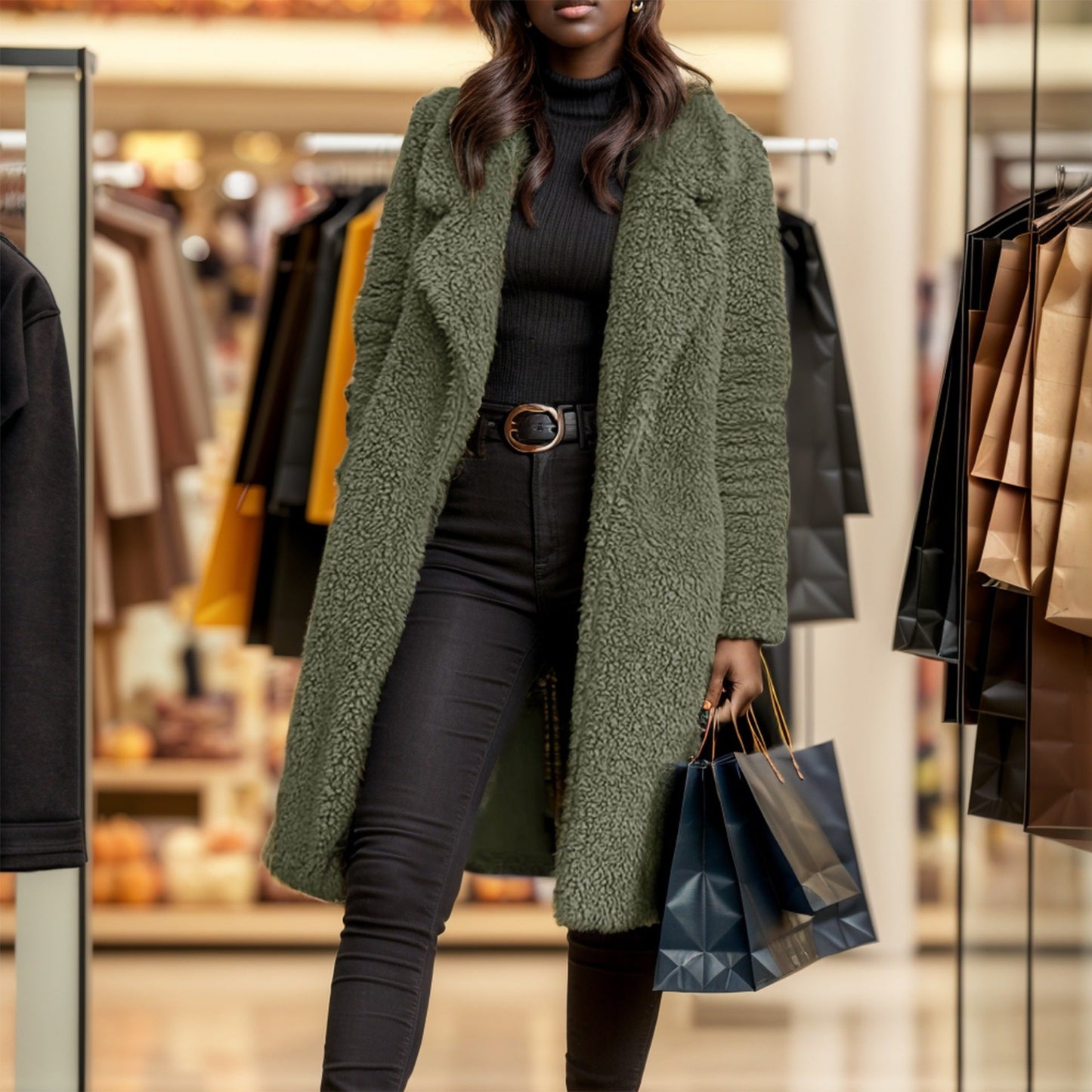 Damen kuscheliger Übergröße-Mantel mit Teddyfell Amawinc