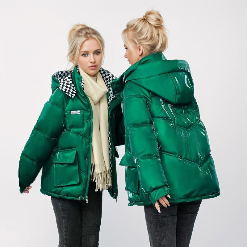 Damen modische glänzende Steppjacke mit hochschließendem Kragen und praktischen Taschen Amawinc