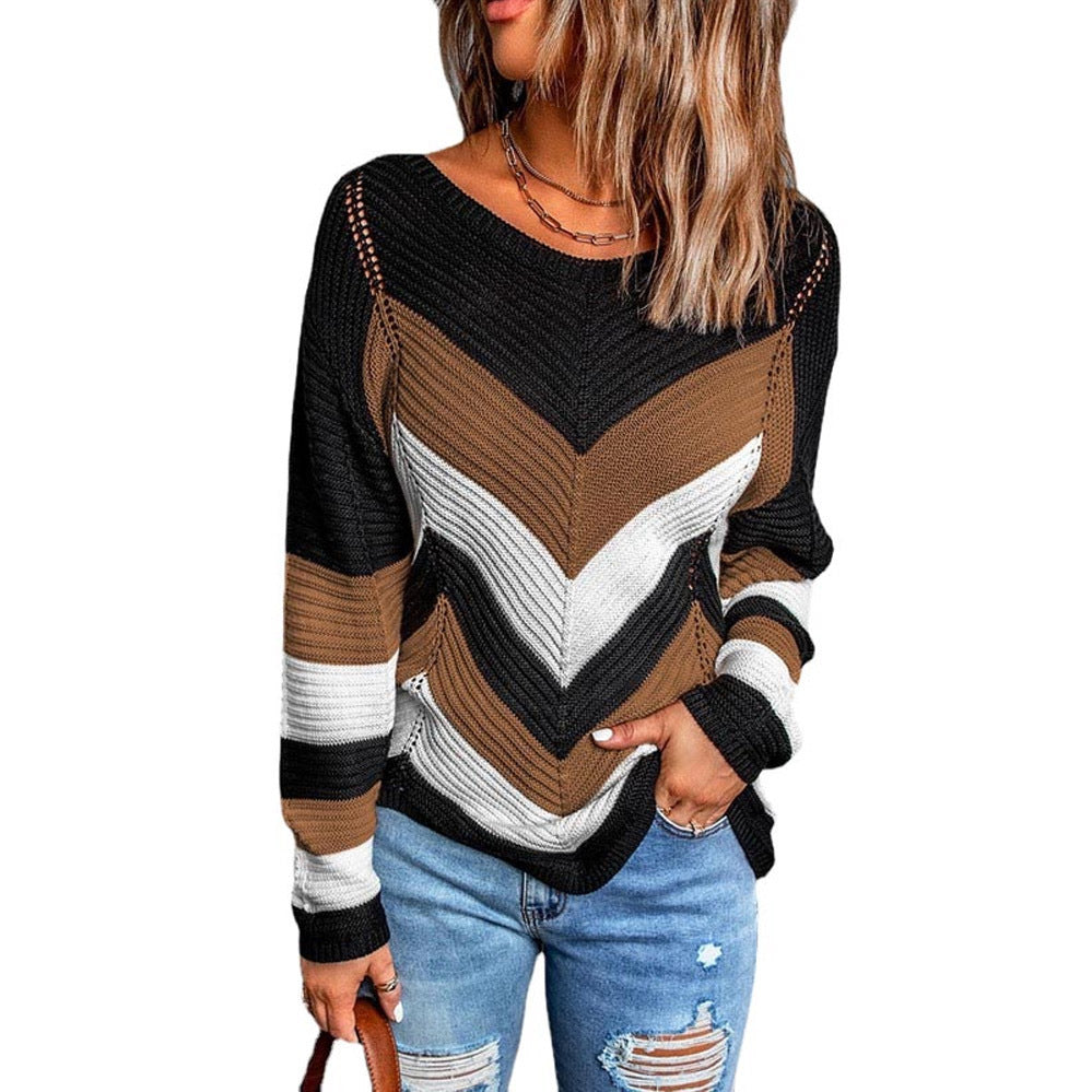 Damen Lässiger Strickpullover mit Chevron-Muster und luftigem Schnitt Amawinc