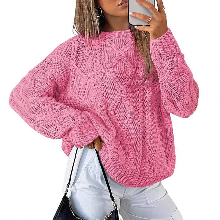 Damen Relaxed Strickpullover mit Zopfmuster Amawinc