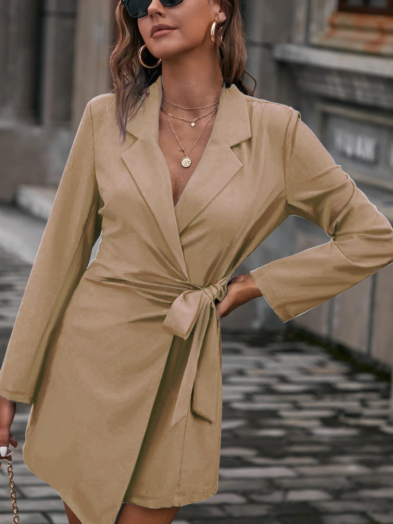 Amawinc Robe Portefeuille Femme Cintrée Manches Longues Col Revers Courte Avec Poches Polyvalente