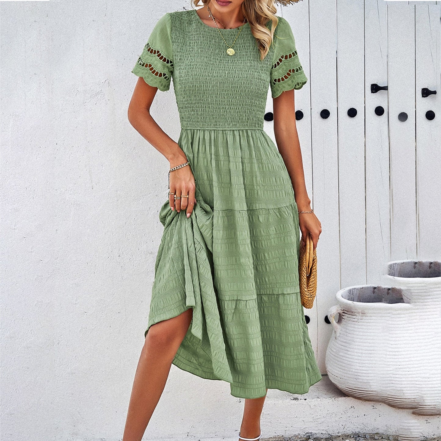 Robe Midi Femme Buste Smocké Manches Courtes Découpées Jupe En Couches Coupe Ample Amawinc