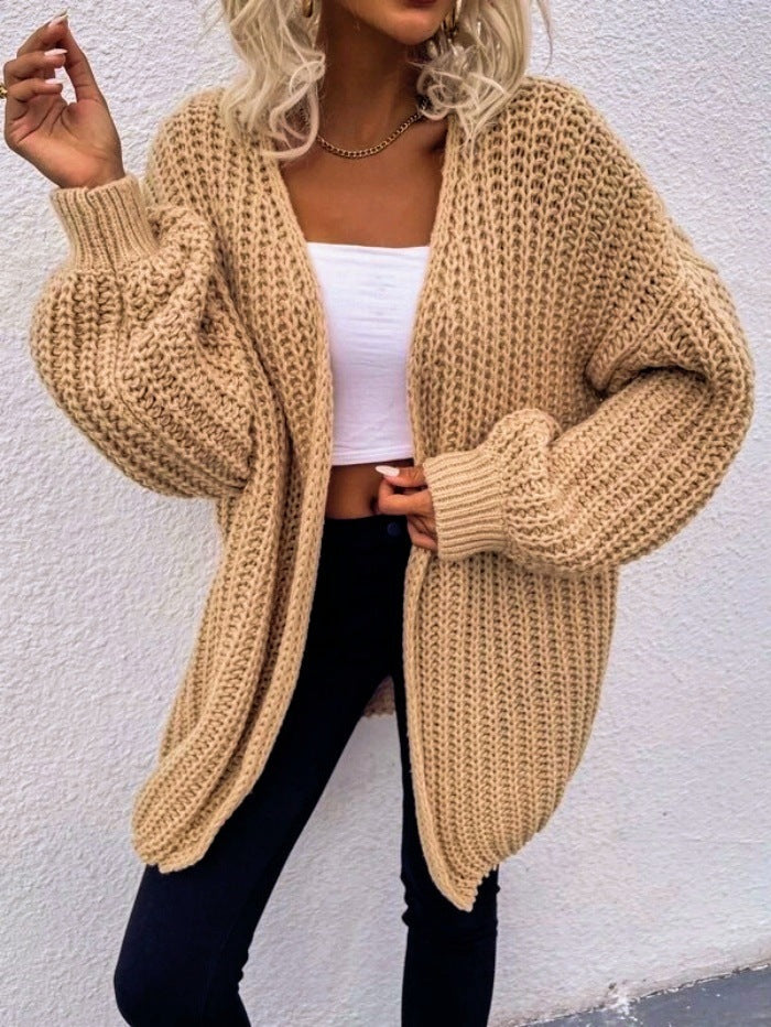 Damen lässiger Grobstrick-Cardigan mit tiefen Taschen und voluminösen Ärmeln Amawinc