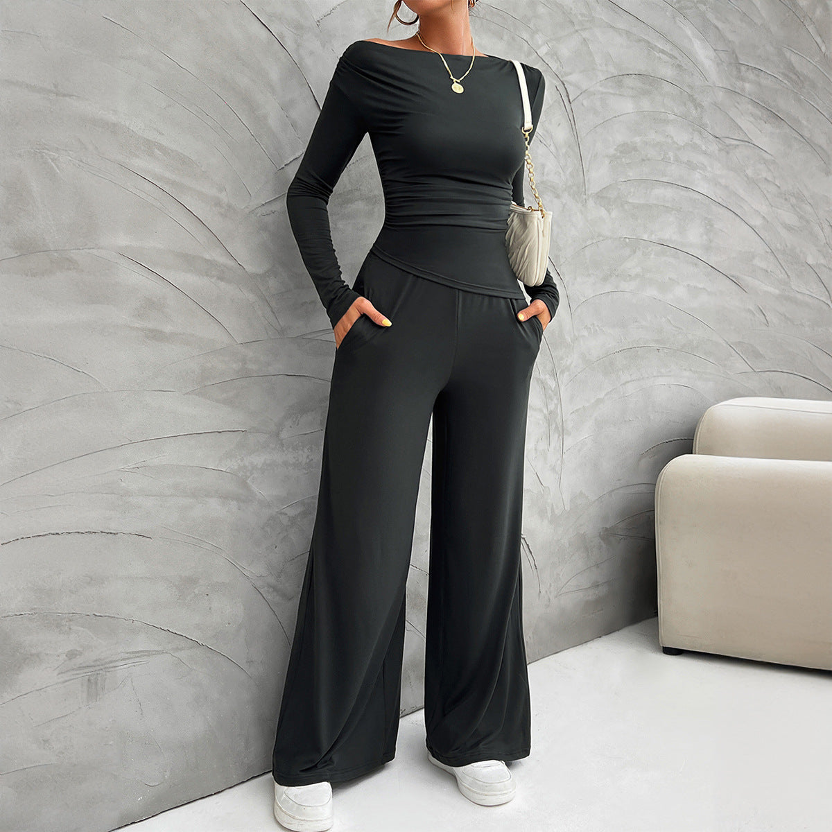 Ensemble Tailleur Femme Nordic Flair Slim Fit Haut À Manches Longues Pantalon Large Taille Haute