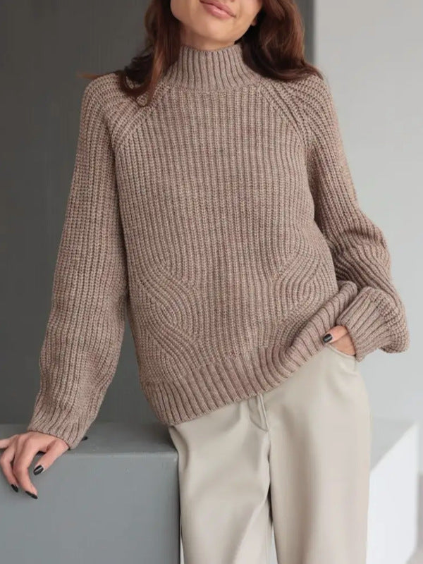 Pull Femme En Maille Mélange De Laine Col Roulé Décontracté Manches Raglan Maille À Côtes Taupe