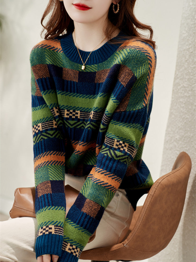 Damen Gemusterter Strickpullover mit Rundhalsausschnitt und weich-flauschiger Textur Amawinc