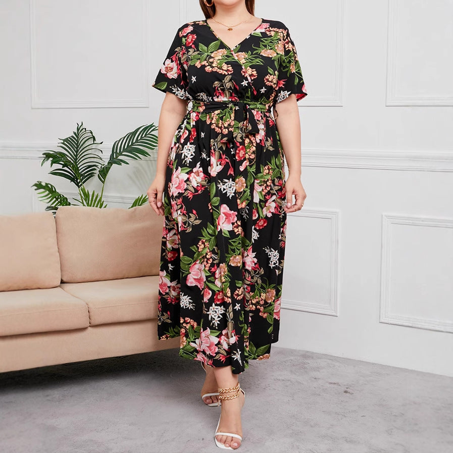 Robe Femme Coupe A Ligne Encolure V Manches Courtes Motif Floral Ceinture À Nouer Élégante