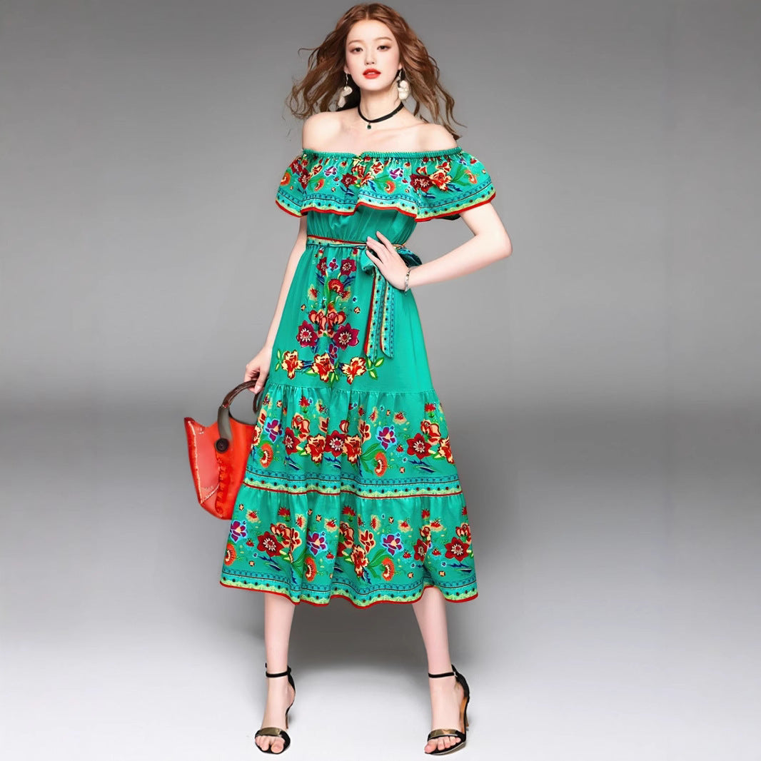 Robe Maxi Femme Épaules Dénudées Motif Floral Froncé Buste Jupe À Étages Élégante Été Amawinc