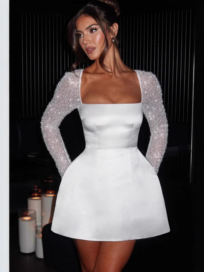 Damen Glamouröses Minikleid mit transparenten Paillettenärmeln und schwingendem Rock Amawinc