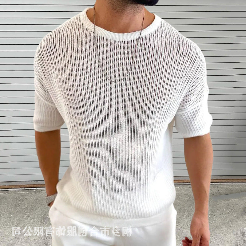 Pull Homme Slim En Maille À Côtes Légères À Manches Courtes Col Rond Coton Respirant Pour Style Moderne