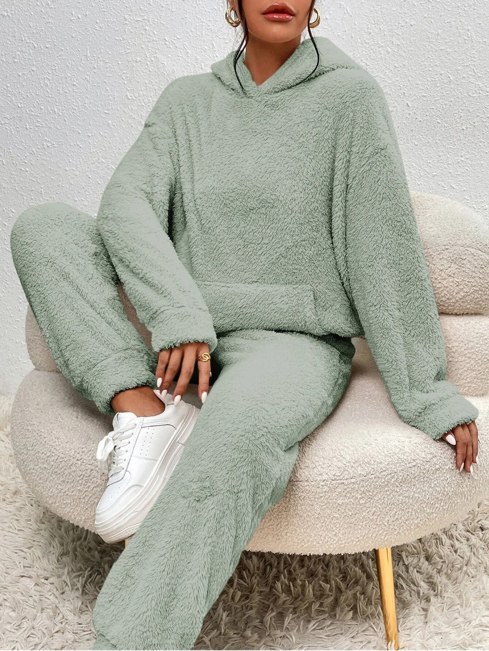 Ensemble Décontracté Femme Deux Pièces En Polaire Avec Sweat À Capuche Et Poche Kangourou Pantalon Large