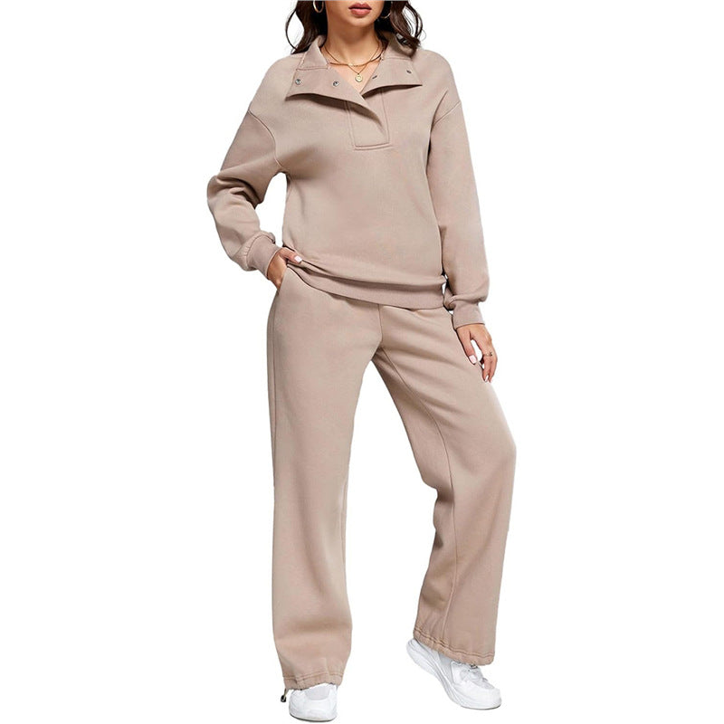 Damen Bequemes Freizeit-Set mit Stehkragen und weiten Hosen Amawinc