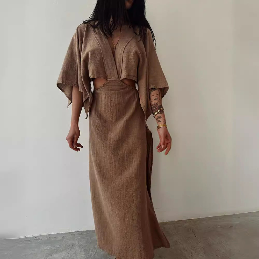 Robe Maxi Femme Slim Fit Amawinc Mélange Coton Lin Décolleté En V Fente Haute À La Taille Découpée