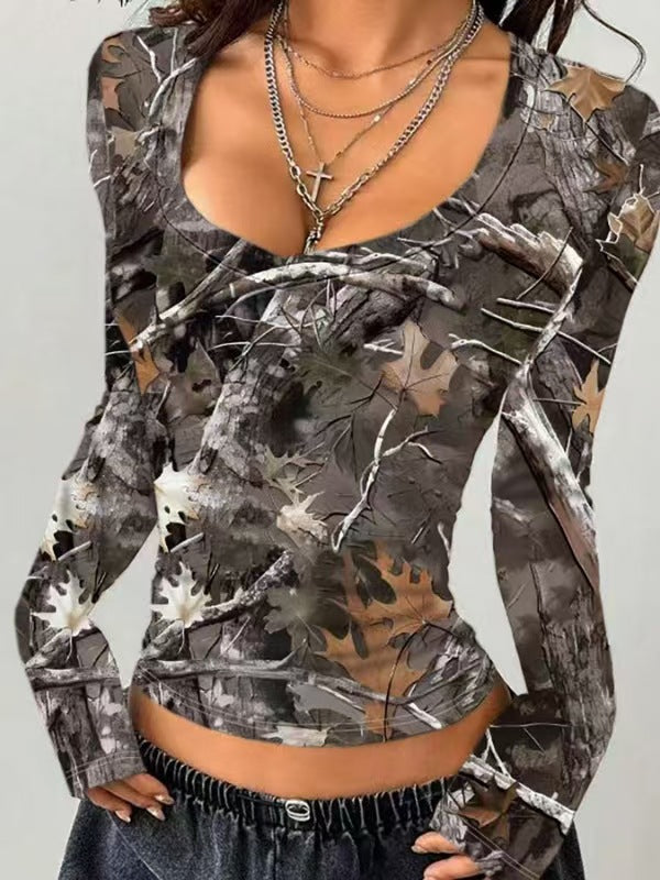 Damen Camouflage Langarmshirt mit V-Ausschnitt und modernen Details Amawinc