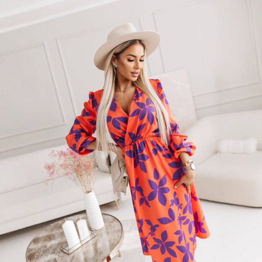 Robe Midi Femme Col en V Manches Bouffantes Coupe Ligne A Ajustée Imprimé Floral