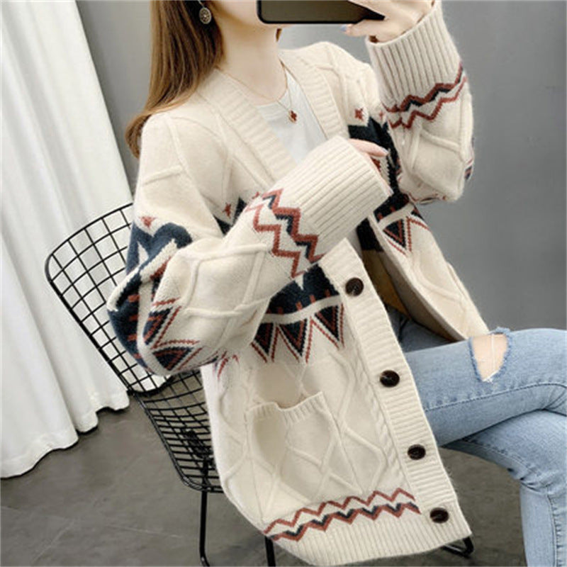 Damen Strickjacke mit modernem Zopf- und geometrischem Muster Amawinc