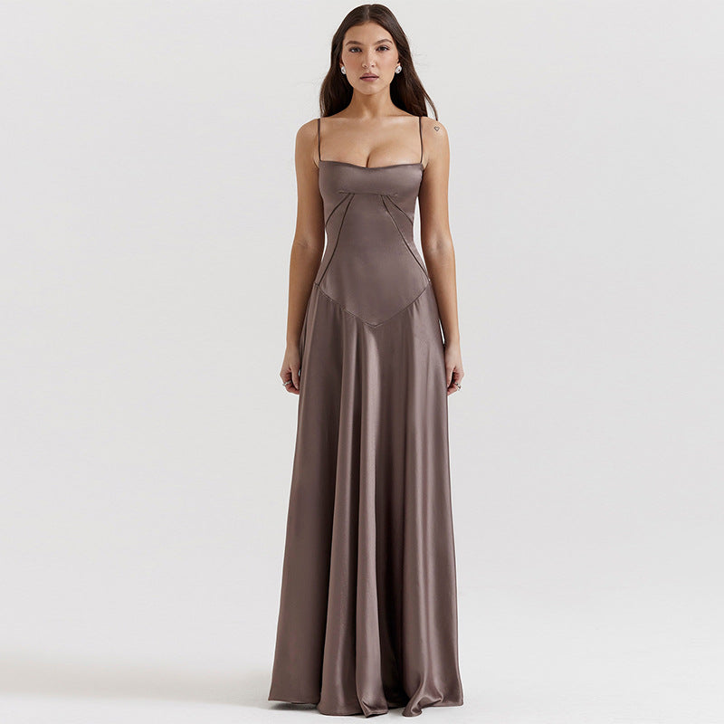 Robe de Soirée Satinée Longue Aline Bretelles Spaghetti Taille Découpée pour Soirées Élégantes