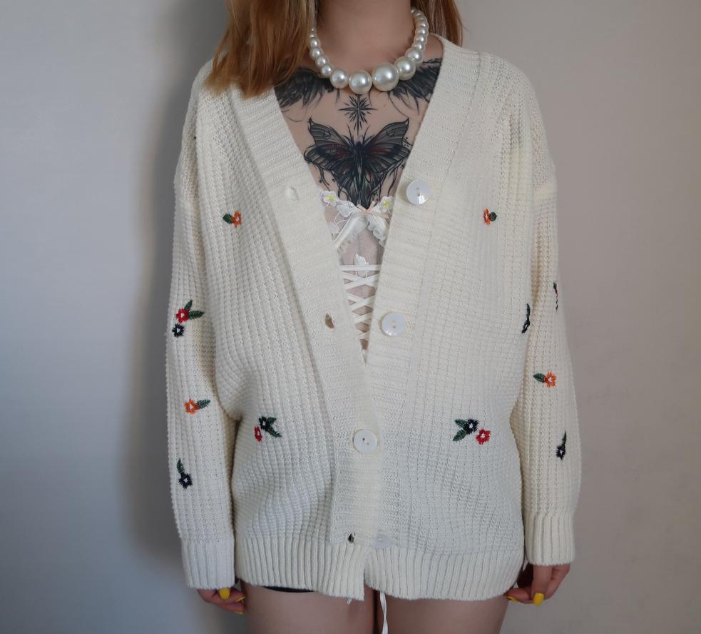 Damen Strickjacke mit buntem Blumenstickereien Amawinc