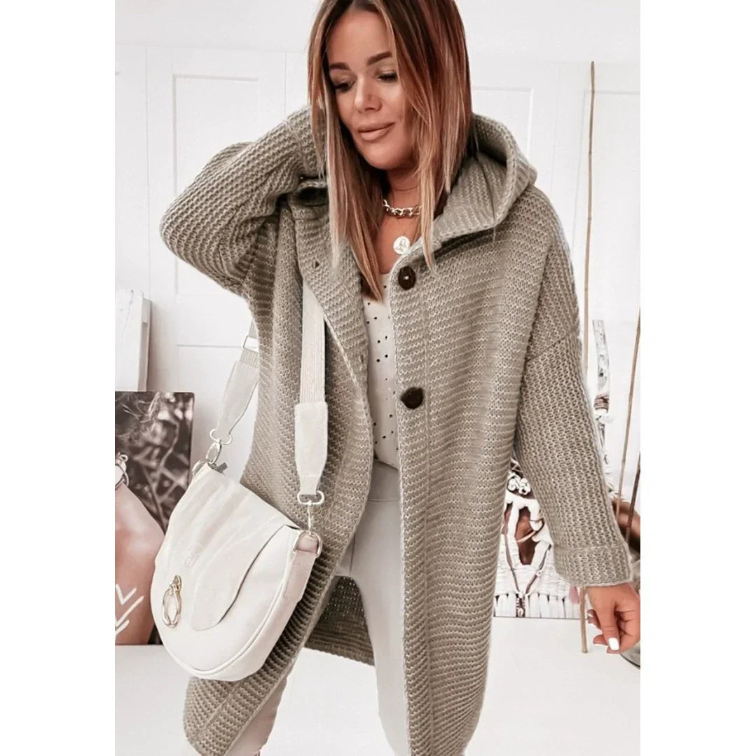 Cardigan à Capuche Femme Ample Longue Ligne Maille Côtelée Bouton Devant Épaules Tombantes