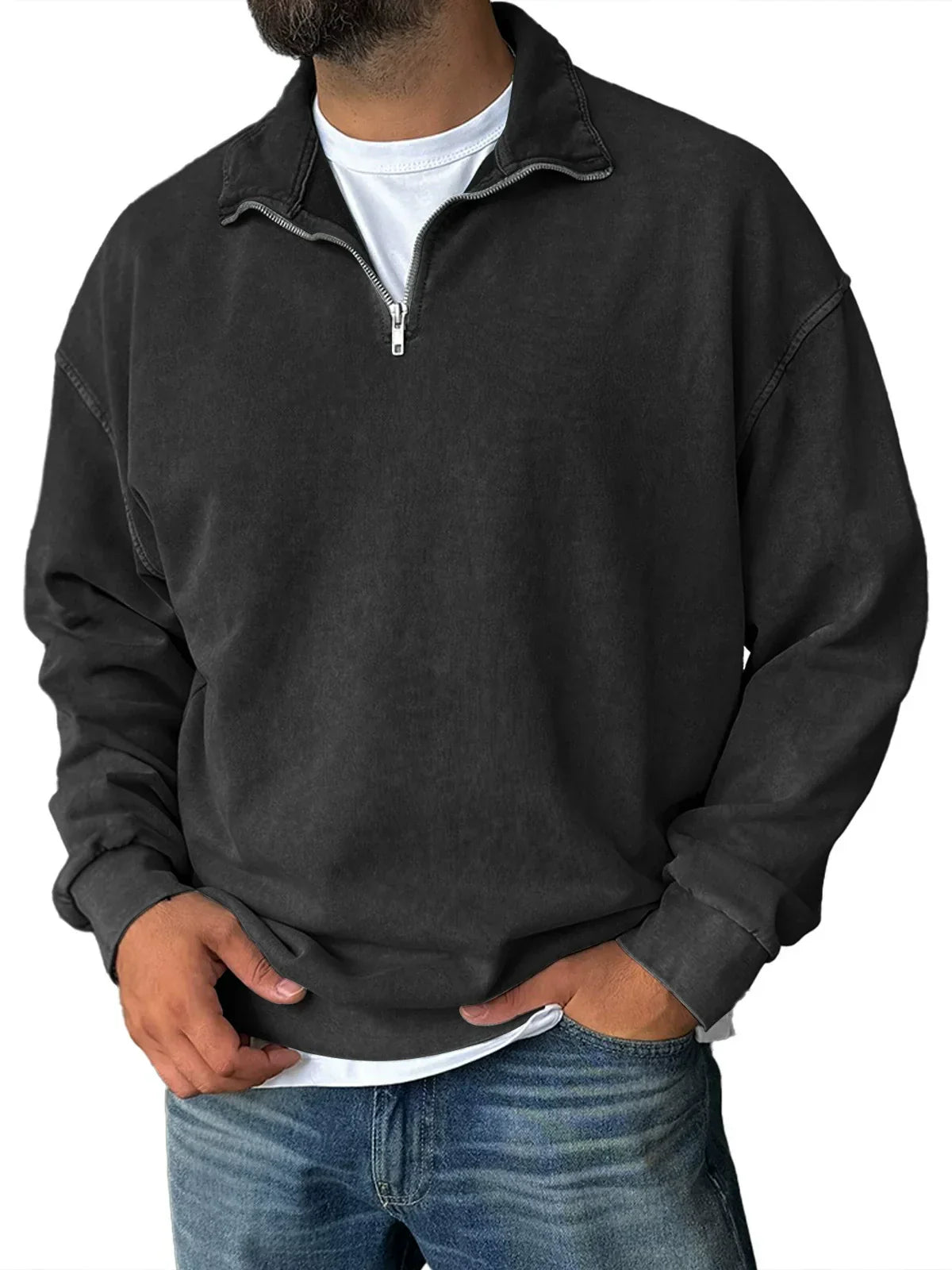 Sweat Homme Demi Zip Col Montant Mélange Coton Coupe Décontractée Épaule Tombante Amawinc