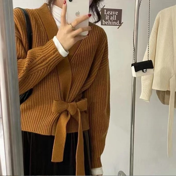 Damen Wickelstrickjacke mit weit geschnittenen Ärmeln und Taillengürtel Amawinc