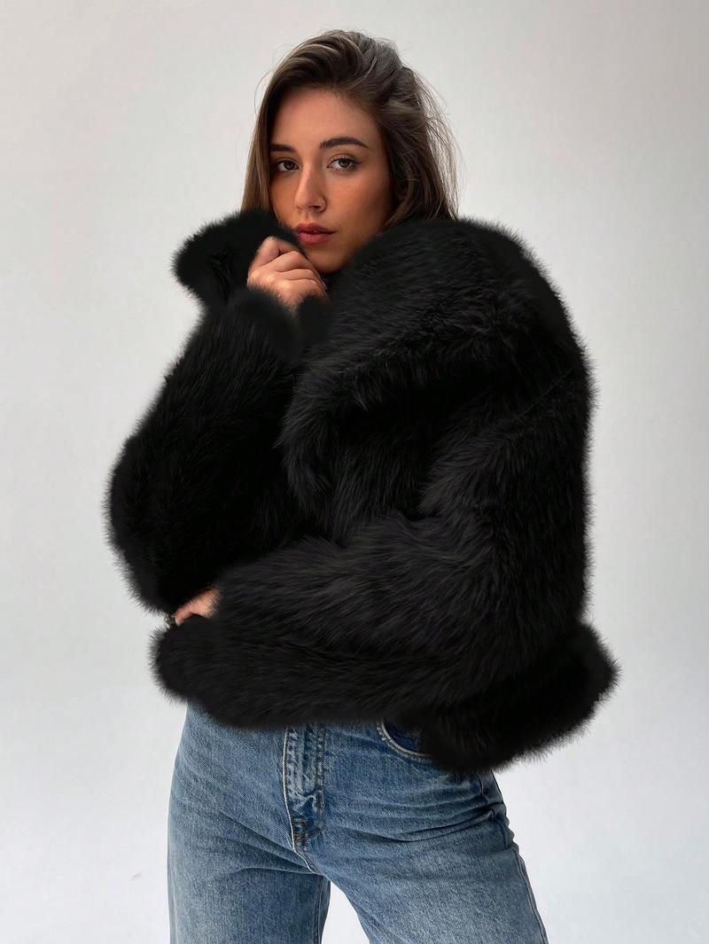 Damen Modischer Kunstpelz-Cropped-Jacke mit voluminösen Ärmeln Amawinc