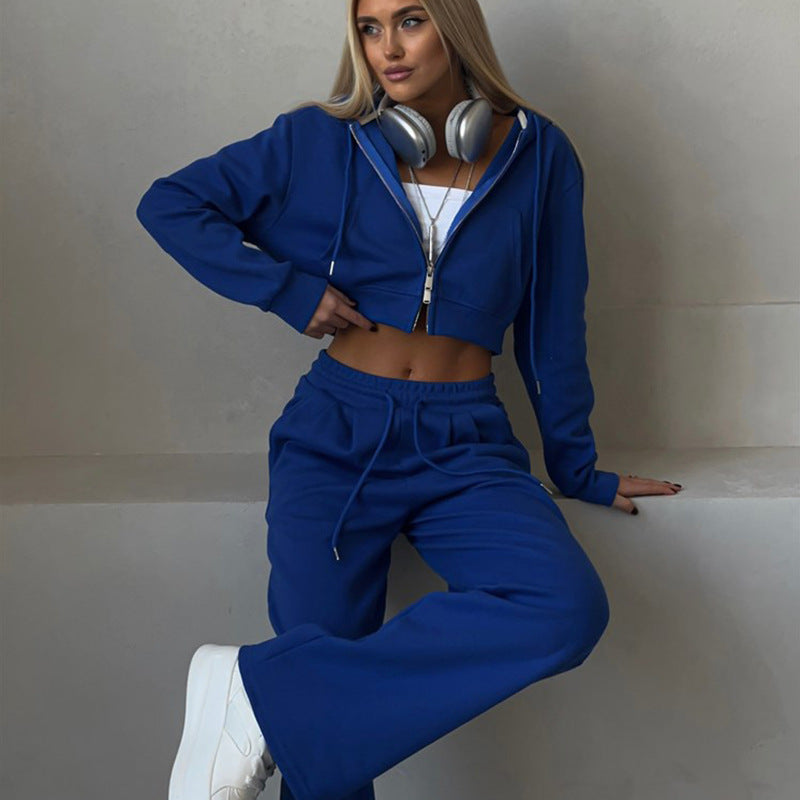 Damen sportliches Set mit cropped Kapuzenpullover und weitem Jogginghose Amawinc
