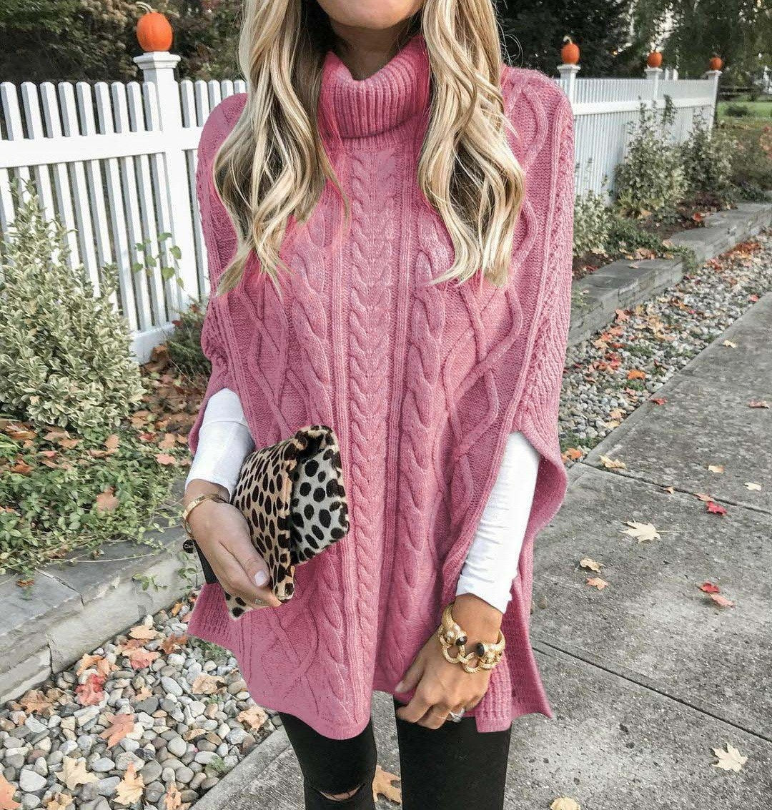 Damen Strickponcho mit hochschließendem Kragen und klassischem Kabelmuster Amawinc