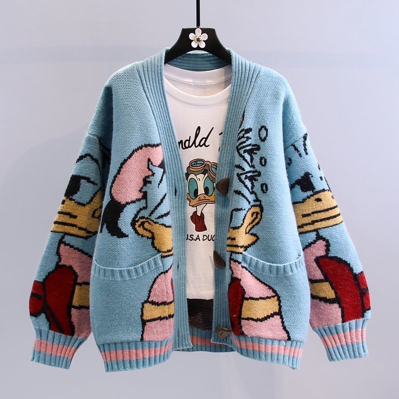 Damen Cartoon-Design Strickjacke mit breiten Ärmeln und Taschen Amawinc