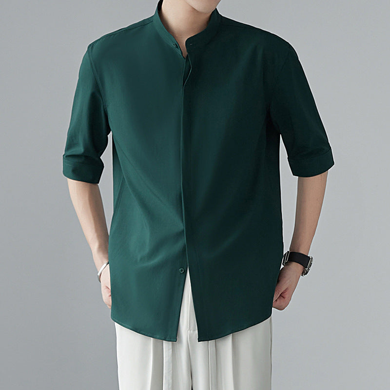 Chemise Homme Décontractée Confortable En Coton Respirant Col Mandarin Manches Trois Quarts