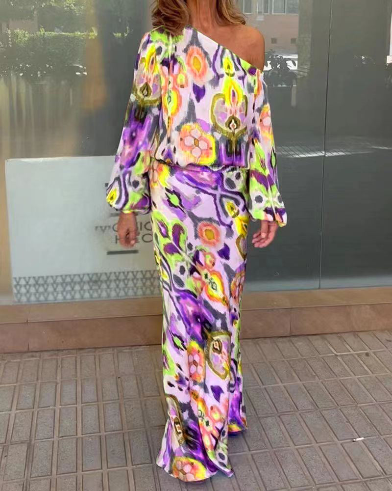 Damen Elegantes Maxikleid im grafischen Batikdesign mit Off-Shoulder-Ausschnitt und voluminösen Ärmeln Amawinc