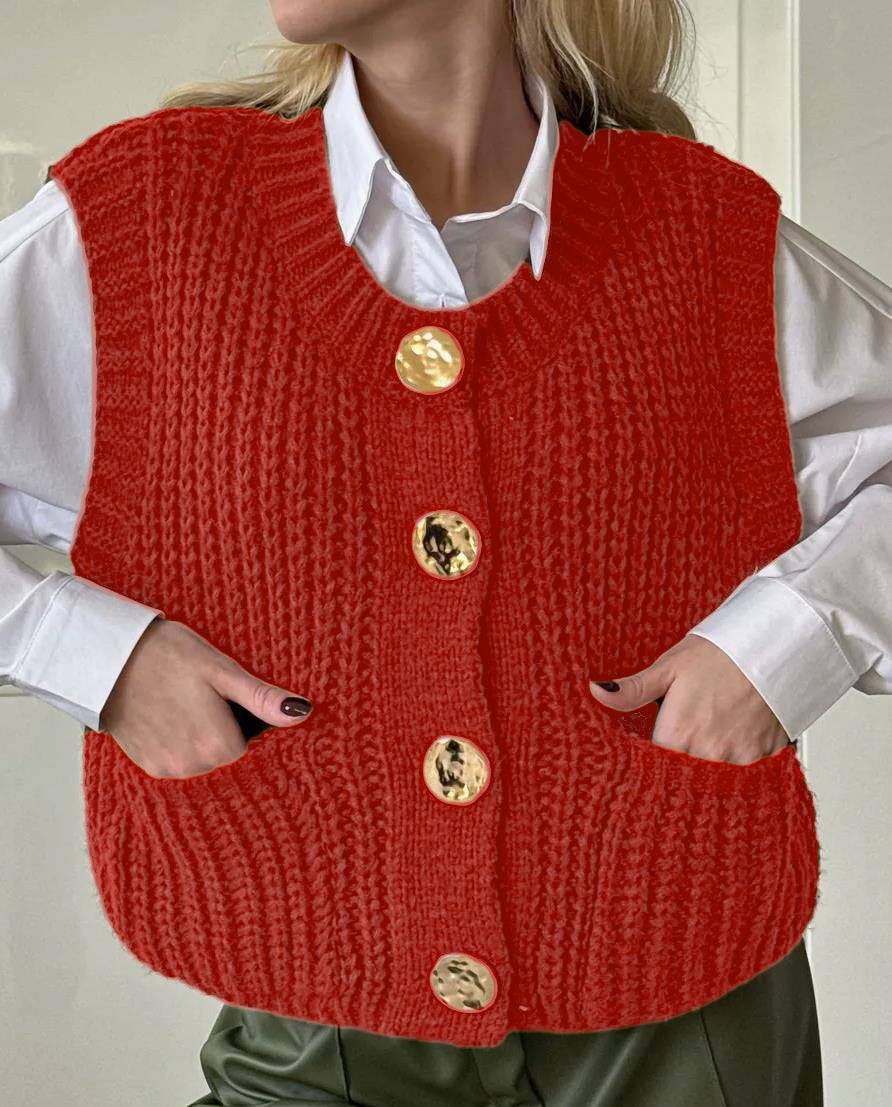 Damen gemütliche Strickweste mit großen Knöpfen und praktischen Taschen Amawinc