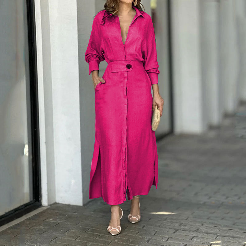 Damen Maxikleid aus leichtem Leinen mit eleganter Knopfleiste und praktischen Seitenschlitzen Amawinc