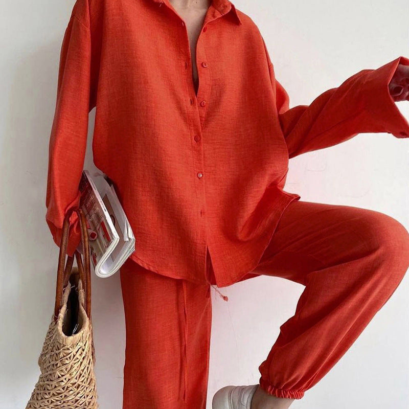 Damen lässiges Leinen Ensemble mit elegantem Hemd und weiter Hose Amawinc