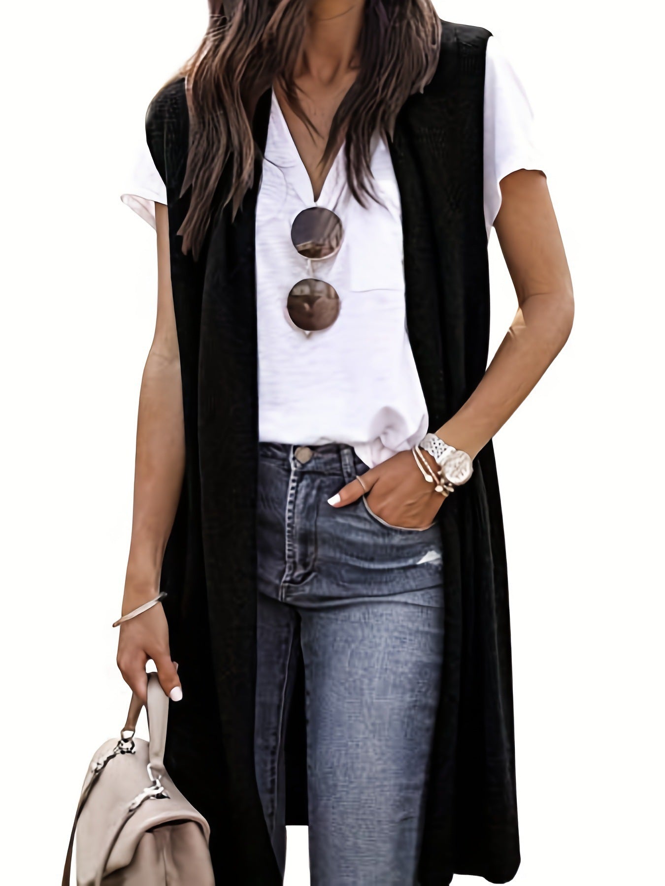 Damen longitudinaler Strickmantel mit Seitenschlitzen Amawinc