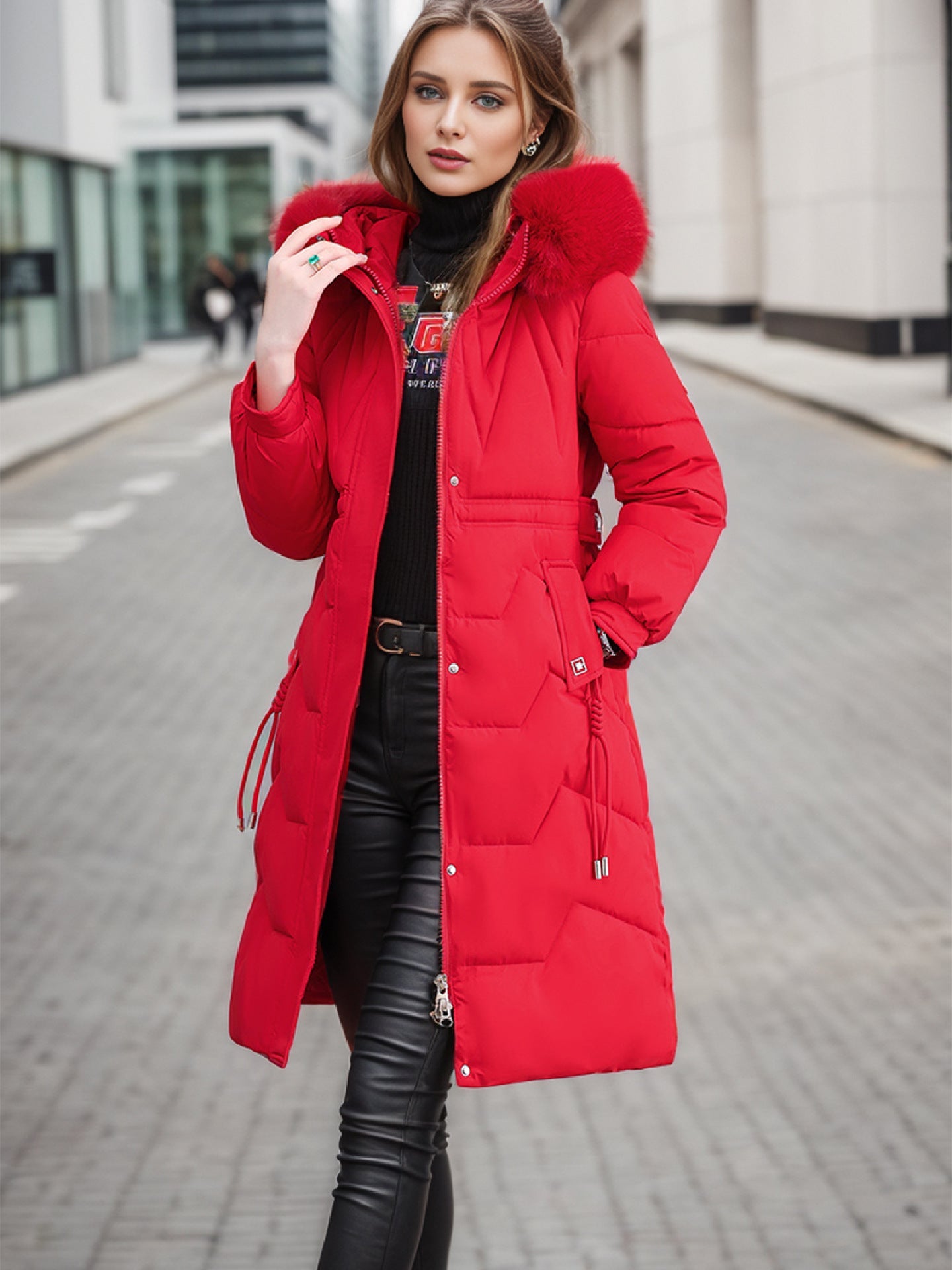 Damen eleganter und isolierter Wintermantel mit abnehmbarem Kunstfellkragen Amawinc