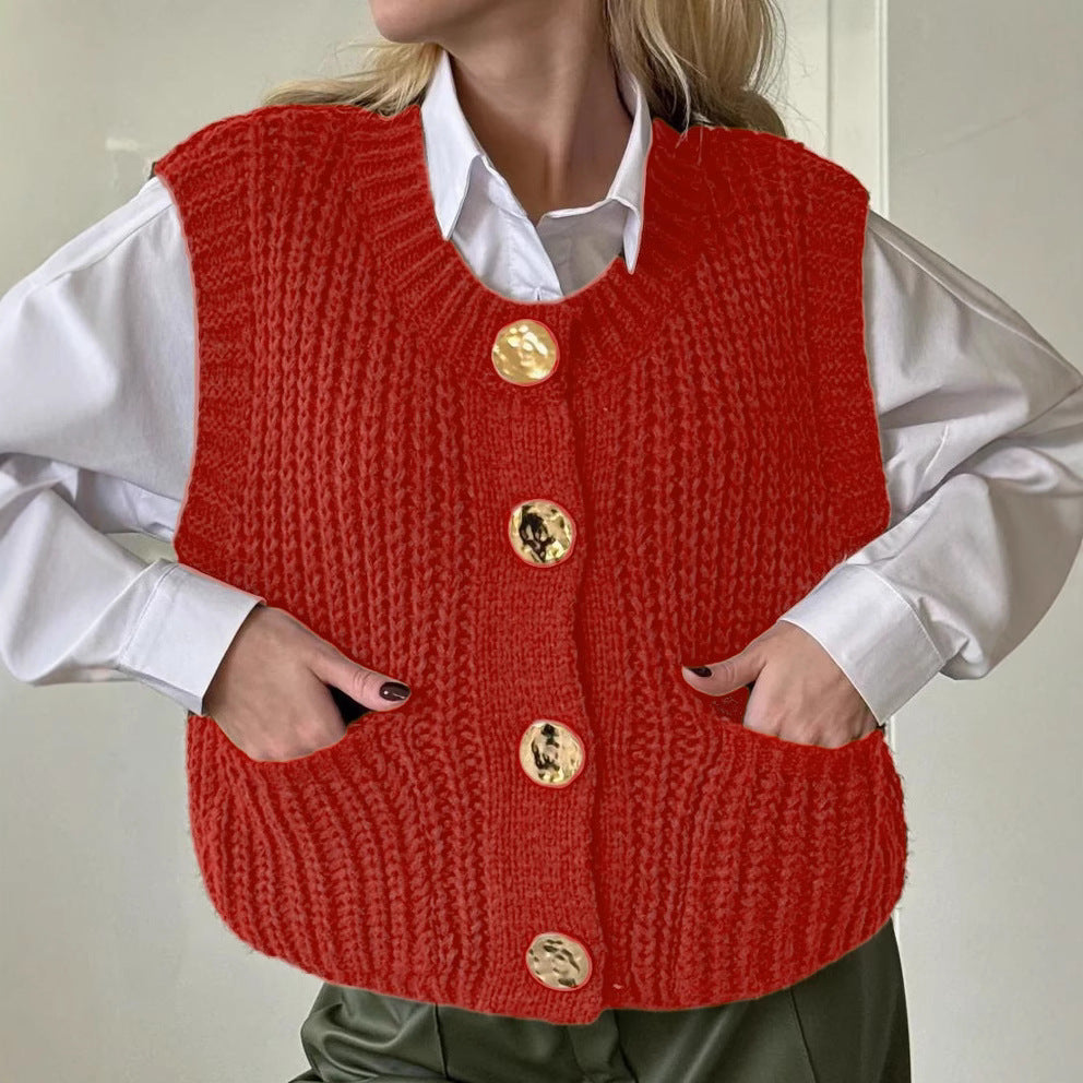 Gilet Tricot Femme Mélange Laine Coupe Oversized Texture Côtlée Bouton Devant Poches