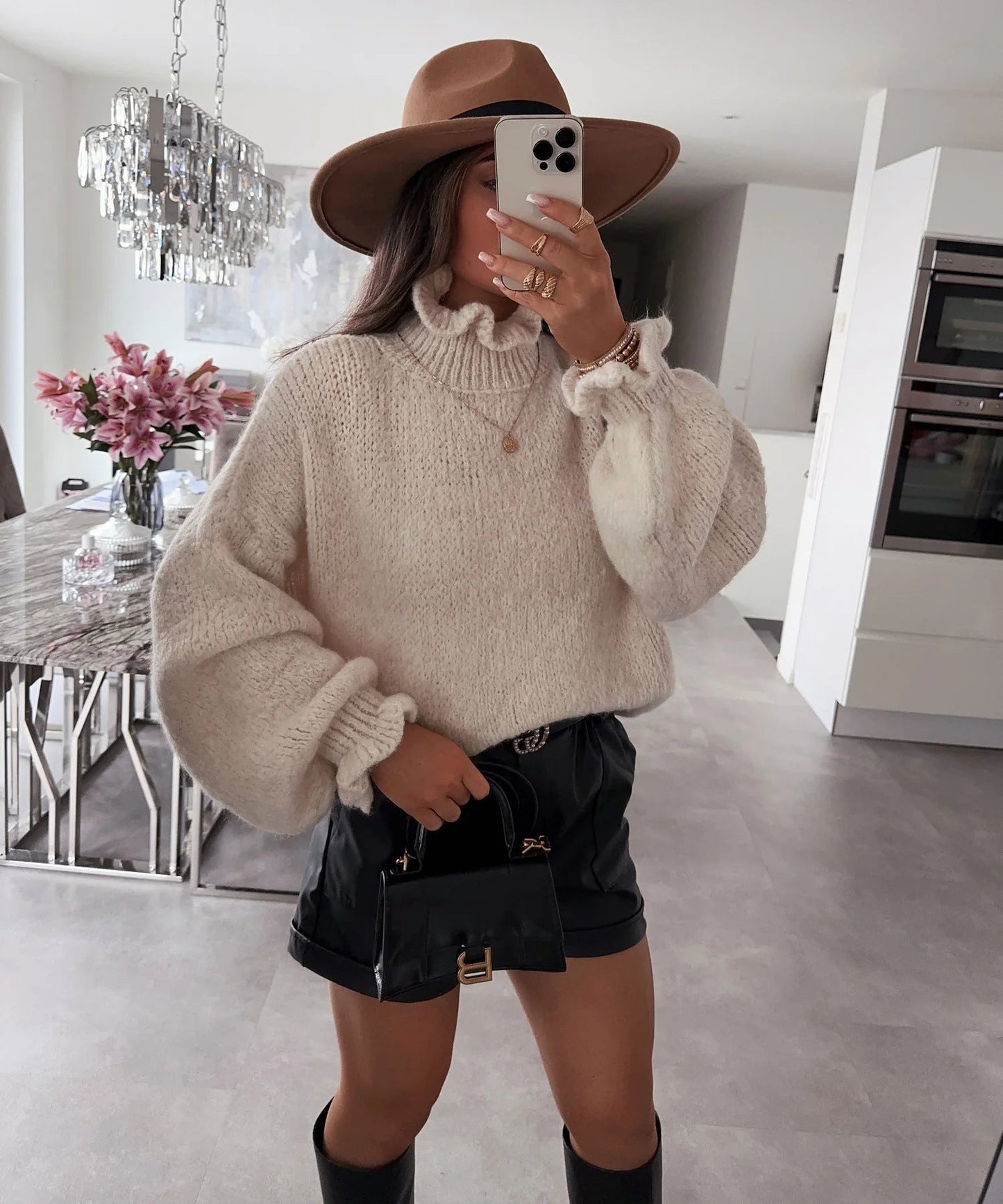 Damen kuscheliger Rollkragenpullover mit weiten Ärmeln und strukturellem Design Amawinc