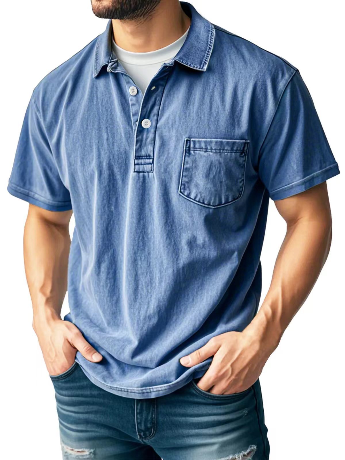 Polo Homme Vert Amawinc Poche Poitrine Respirant Manches Courtes Coupe Décontractée Été Casual