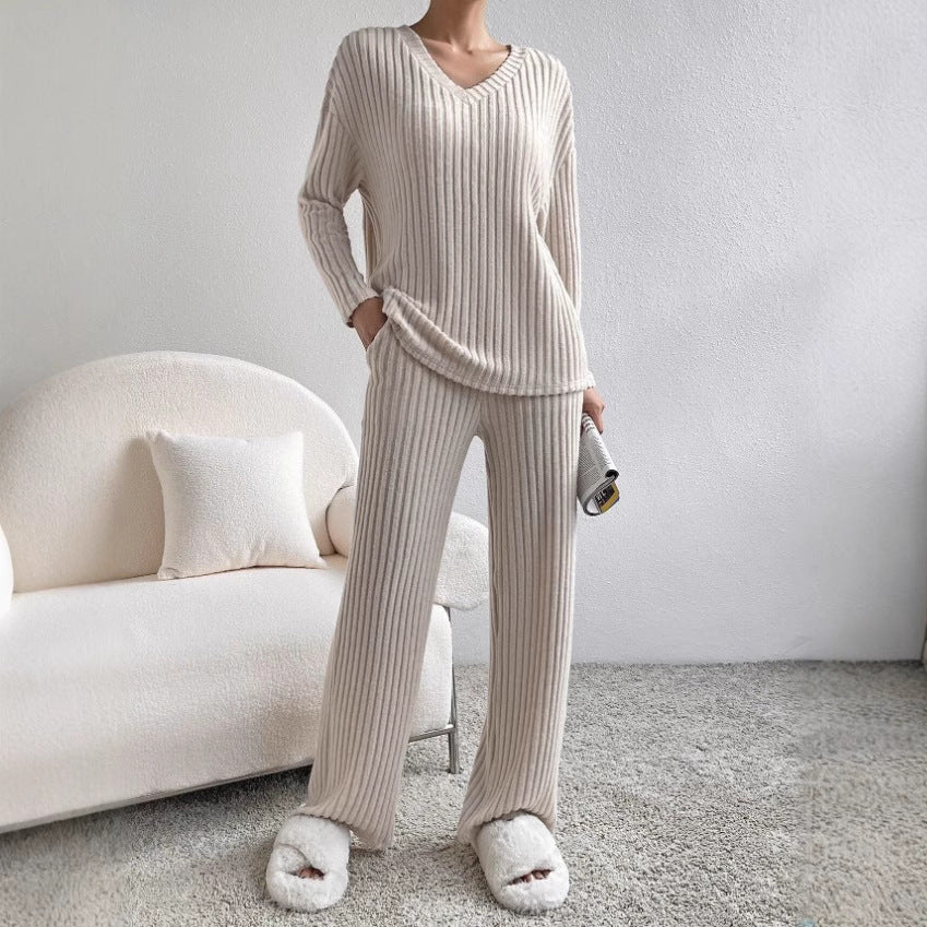 Nordisk-Flair Ensemble Femme Haut Col V En Maille Ribée Coupe Décontractée Pantalon À Jambe Droite