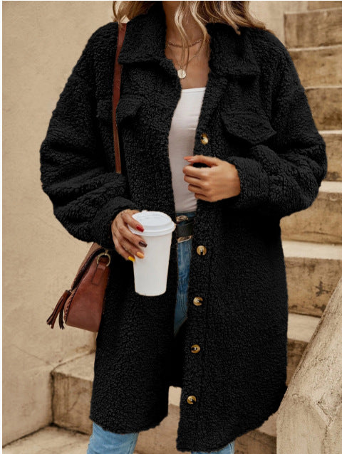 Manteau Long Femme en Polaire Peluche Oversize Bouton Sur Devant Avec Col Revers
