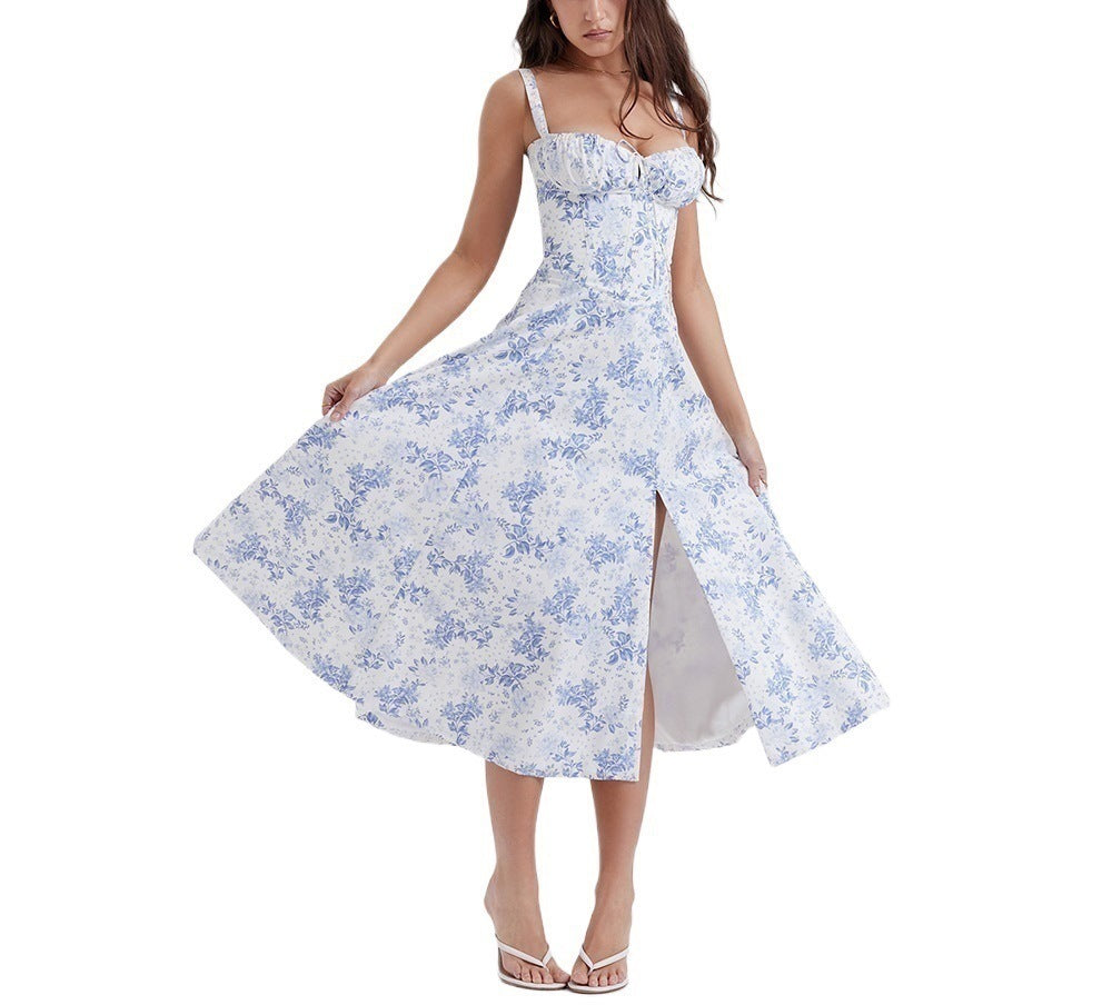 Robe Midi Sans Manches Effet Wrap Avec Fente Élevée Imprimé Floral Léger Pour L'Été Confortable
