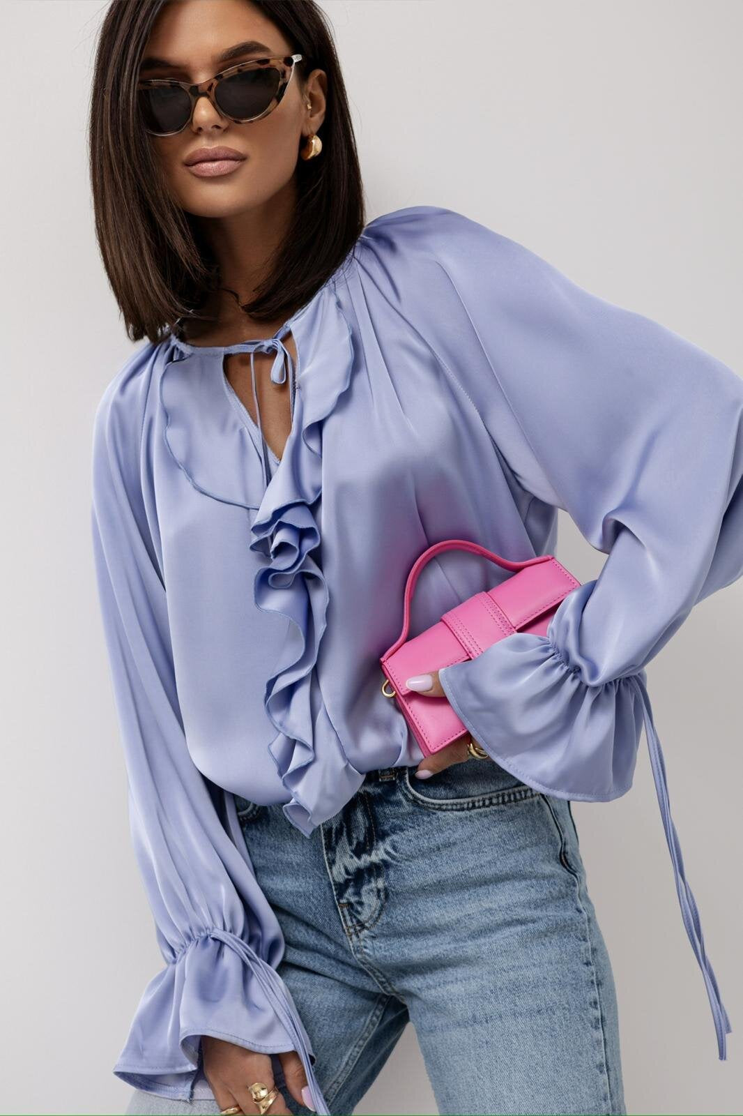 Chemisier Femme Satiné Col Cravate Avec Volants Et Drapé Décontracté Manches Longues Pour Élégance Moderne
